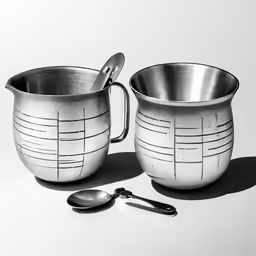 two cups with spoons and a ladle on a white surface