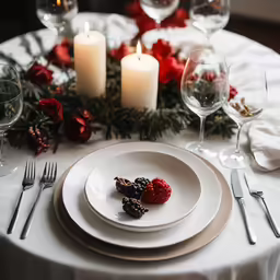 plate with berries, candle and wine glasses on a table
