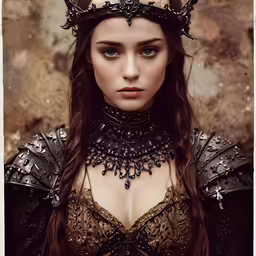 a woman wearing elaborate clothing and makeup near a wall