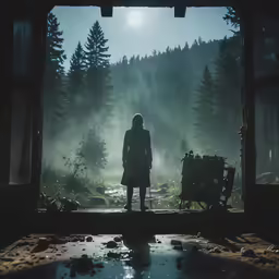 a person standing in a dark forest