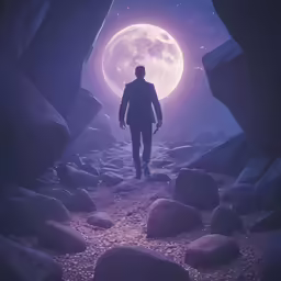 man looking at the sky while standing in between rocks and rocks