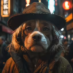 a dog wearing a hat in a crowd