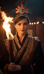 woman in a traditional chinese costume holding a torch