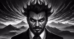a man with dark makeup on his face and eyebrows stands in front of mountains