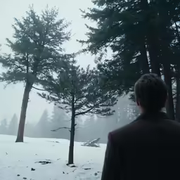 person standing in front of trees looking at birds