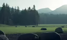 some big rocks laying in the grass and mountains
