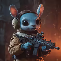 a strange, stuffed rabbit with a rifle in a costume