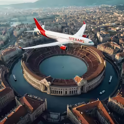 a huge white plane is flying low to the ground