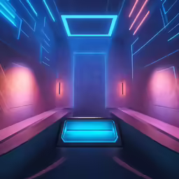 the room has blue neon lights on the ceiling