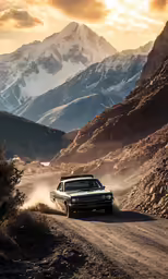 a car is riding on a dirt road with mountains in the background