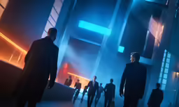 a group of men standing next to each other in an open hallway