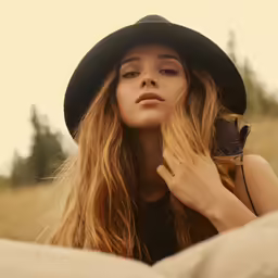 a woman wearing a black hat looks into the distance