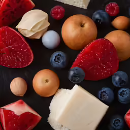 a close up of a variety of fruit and cheese