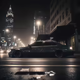 an old, well - equipped car is on a city street at night