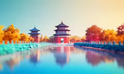 the asian style building is by the lake