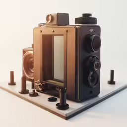 an old fashioned camera, surrounded by various cameras