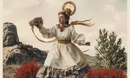 an antique photo of a woman in medieval dress holding a bird