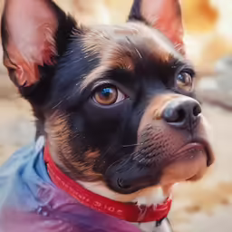 there is a brown and black dog wearing a blue shirt