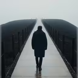 a person standing on the end of a very long bridge