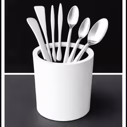 a cup full of spoons sitting on top of a counter
