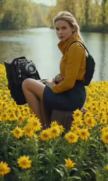 a woman sitting in a field with yellow flowers
