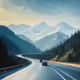 cars drive down a highway between mountains with snow on them