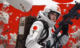 a woman is standing and holding a rifle,a man holding a gun and wearing an astronaut suit