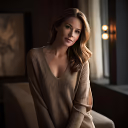 a woman sitting next to a window wearing a tan sweater