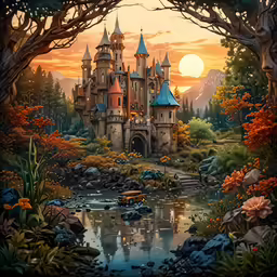 this is a colorful picture of a castle surrounded by trees