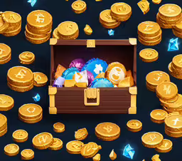 a suitcase full of gold coins with the symbols of bitcoin coming out,a trunk filled with gold coins and lots of currency