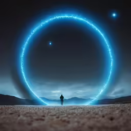 a man standing in a big circular object in the air