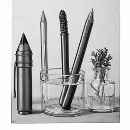 a small glass bowl filled with pens and an empty vase