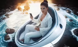 a young lady in a futuristic looking boat on the water