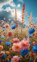 a field full of flowers with sky in the background