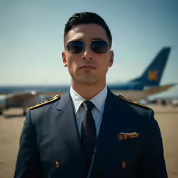 an image of a man in uniform posing in front of a plane