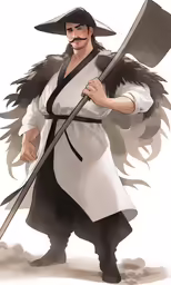 a man with black feathers holding a large metal spear and a paddle