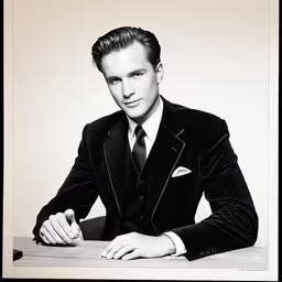 a man in a suit sitting in front of a table