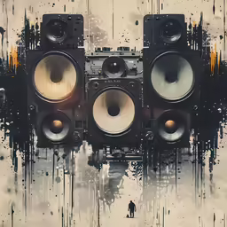 a person standing behind two speakers with a person