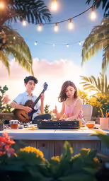 a man and girl sitting at a table with a guitar
