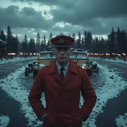 a man in a red coat and hat posing