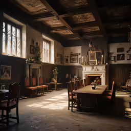 a room with wood floor and walls, furniture and pictures hanging on the wall