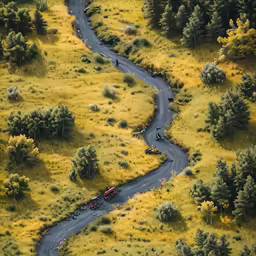 toy train going along a road with trees surrounding
