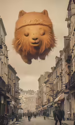 a huge animal head hanging from the side of a building