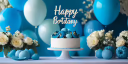 a birthday cake with blue decorations sits atop a table with balloons and flowers