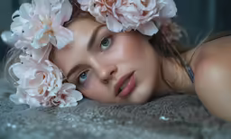 a beautiful young woman laying on top of a bed