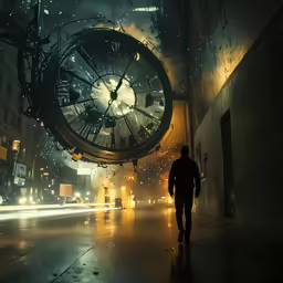 a man walks up to a large clock in an alley