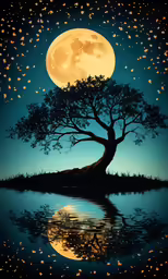 a tree sitting on top of a lake under a full moon