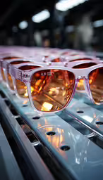 pink and purple sunglasses sitting on top of a shelf,several pairs of glasses sitting on top of a conveyor belt