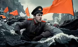 man wearing a military uniform sits on piles of folded objects
