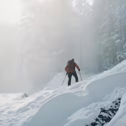 a man with a backpack skiing on a snowy mountain